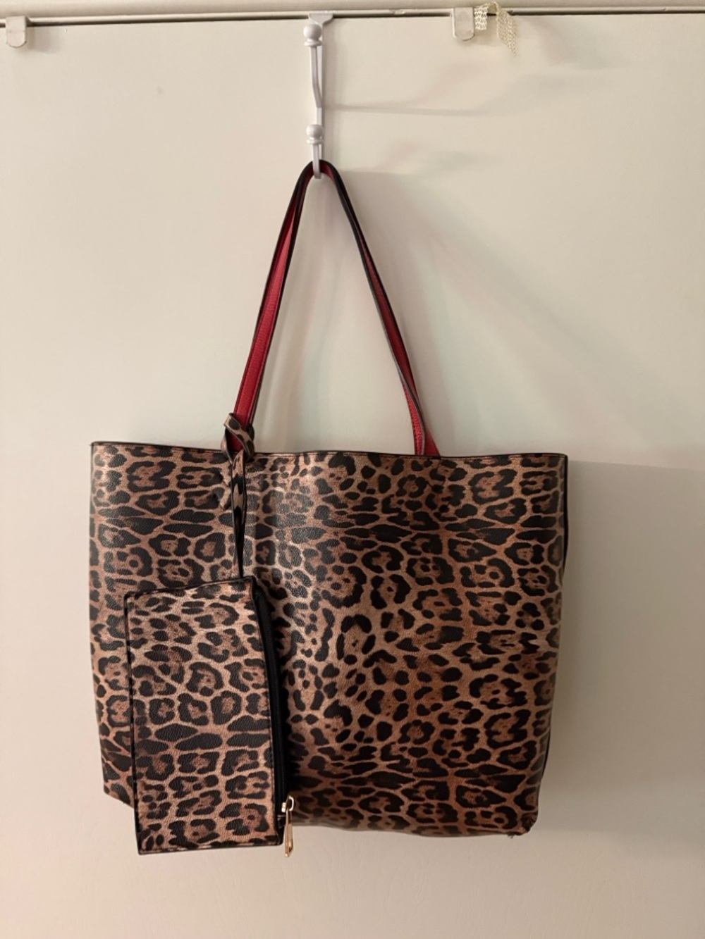 Reversible Leopard/Red Pebbled Tote Bag with Tie Accent